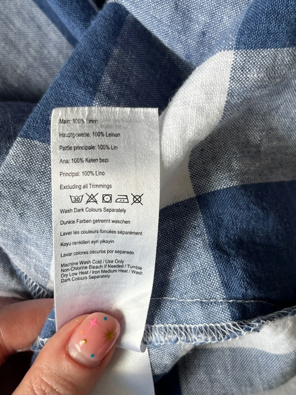 100% Linen Navy Blue White Gingham Midi Dress Button Front with Pockets Size 4 - Picture 8 of 8